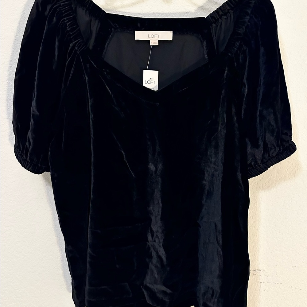 LOFT Women's Black Velvet Puff Sleeve Top, Size M